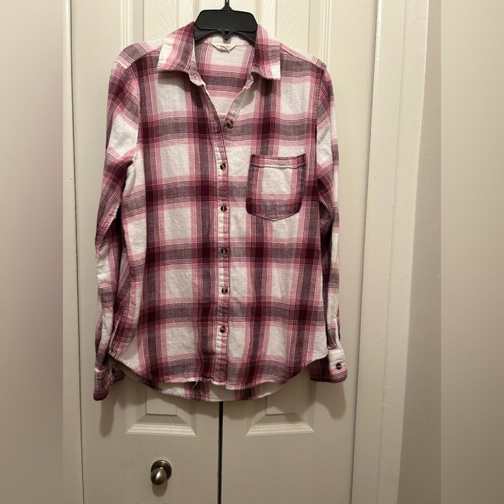 Flannel Button-up Shirt pink, burgundy & off white